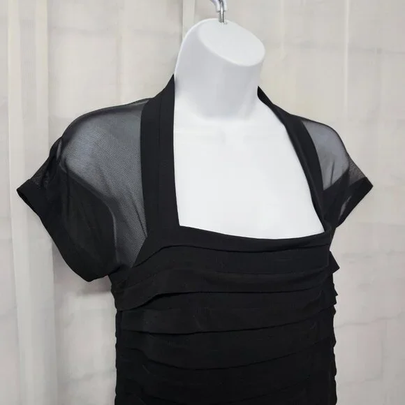 Maggy London Black Sheer Mesh Pleated Cocktail Dress Party Bodycon 8 - Picture 3 of 12